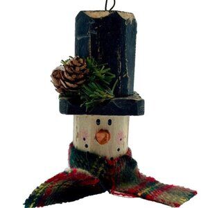 SET OF 8 Wooden Snowman w Fabric Scarf Ornaments 4" Rustic Farmhouse Cottagecore